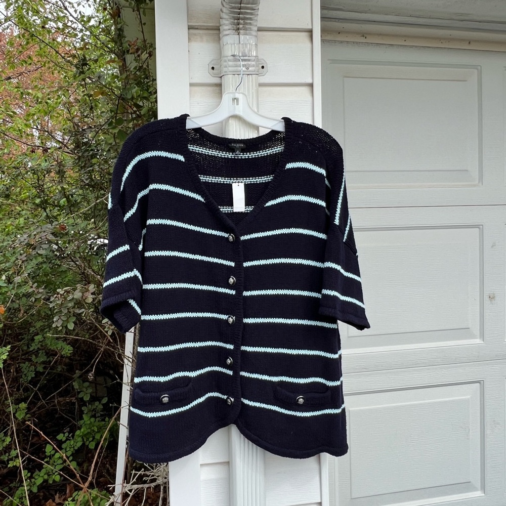 NWT Talbots Pretty Navy Aqua Stripe Pocket Front Short Sleeve Cardigan